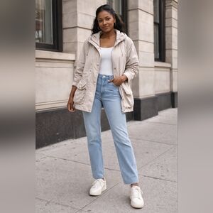 Good American Hooded Volume Jacket | Lightweight Utility Jacket | Neutral Beige